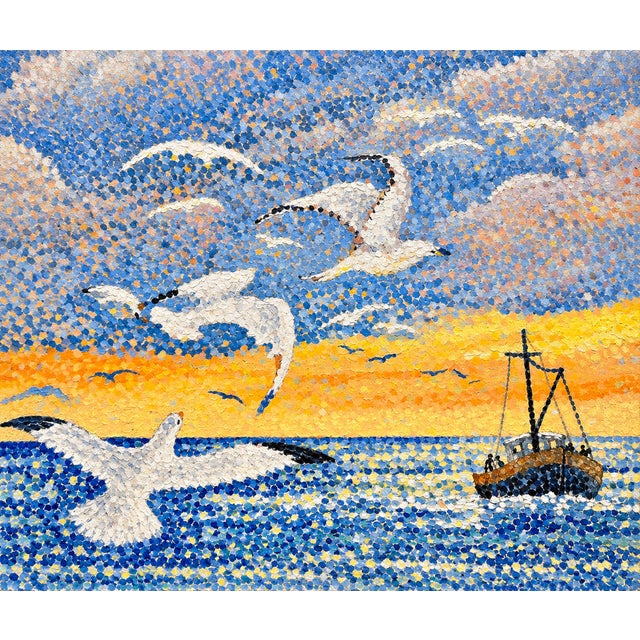 Mid 20th Century Yvonne Canu –Seagulls at Sunset (Les Mouettes)- French Pointillist Seascape-Oil Painting For Sale - Image 5 of 12