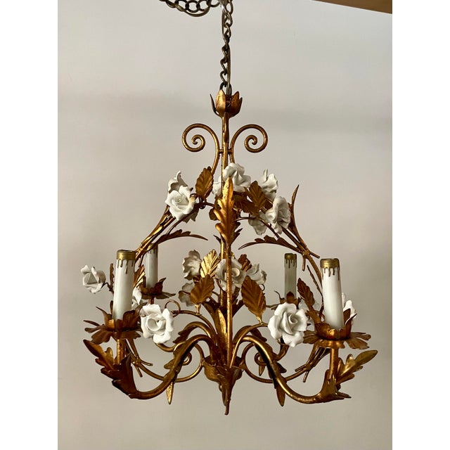 Vintage Italian Style Gilt Tole Chandelier With Porcelain Roses For Sale - Image 12 of 12