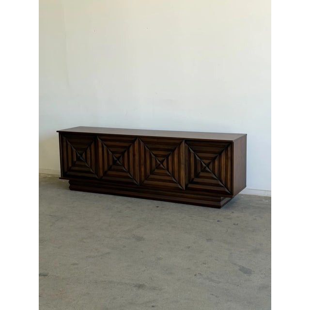 1960s Brutalist Walnut Credenza With Carved Diamond Design For Sale - Image 12 of 18