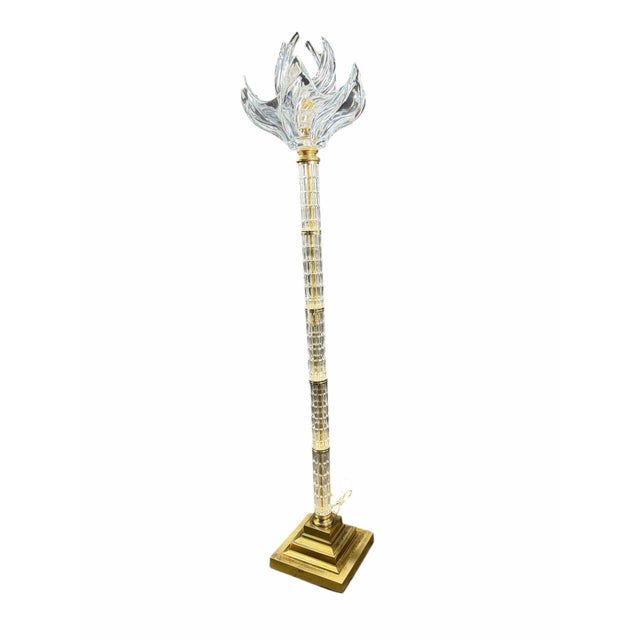 A beautiful vintage Dresden cut crystal floor lamp featuring an elegant flame-motif shade and timeless decorative...
