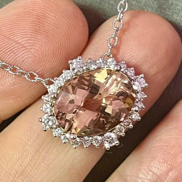 Natural Morganite Diamond Necklace 14k Gold 10.67 TCW Certified For Sale - Image 4 of 11