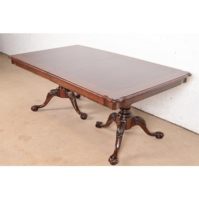 Brown Thomasville Chippendale Banded Flame Mahogany Double Pedestal Extension Dining Table, Newly Refinished For Sale - Image 8 of 13
