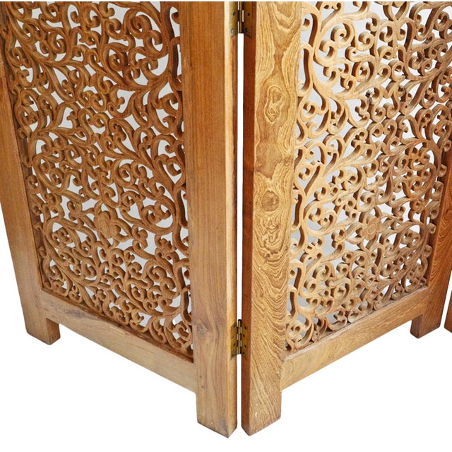 Kayla Vintage Teak Carved Asian Folding Screen / Room Divider For Sale - Image 4 of 5