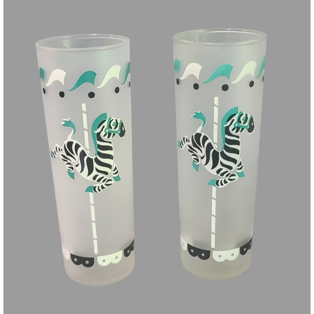 Mid-Century Modern Vintage Pair of Libby Carousel Animal Zebra Frosted Highball Tumblers Glasses For Sale - Image 3 of 5