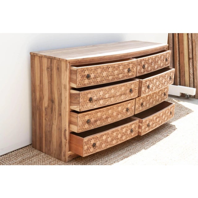 Long Reclaimed Teak Carved 8-Drawer Dresser For Sale - Image 9 of 11