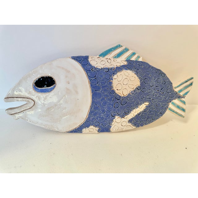 Mid 20th Century Handmade Coastal Ceramic Fish Wall Plaque | Blue & White Textured Pottery Sculpture For Sale - Image 9 of 9