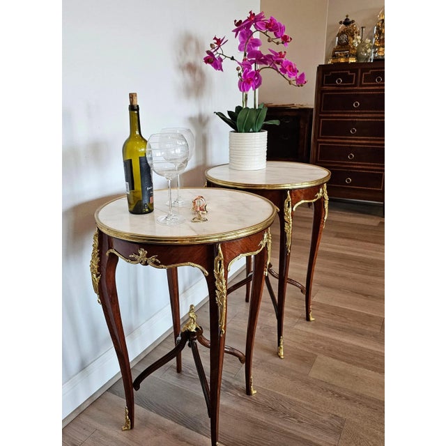 Fine French Louis XV Style Kingwood Marble Top Side Tables After Francois Linke Léon Messagé - a Pair For Sale - Image 10 of 12