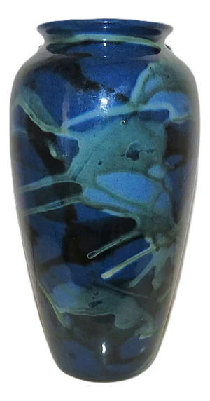 1920s Peters & Reed Pottery Vase Blue Marbleized Drip Glaze Redware Antique 9"