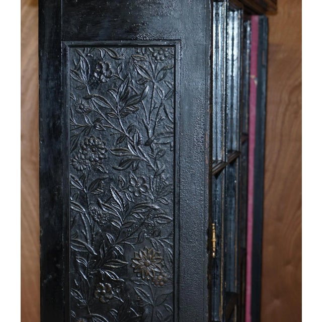 Victorian Ebonised Carved Oak Bookcase with Sliding Glazed Doors, 1860s For Sale - Image 16 of 18