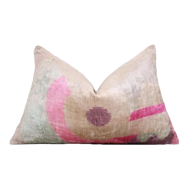 Blush Abstract Silk Velvet Lumbar Pillow, Vegetable Dyed – 16x24 In For Sale