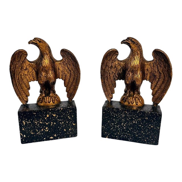 Vintage Gold Wooden Eagle Bookends Pair Speckled Base Americana Office Decor For Sale