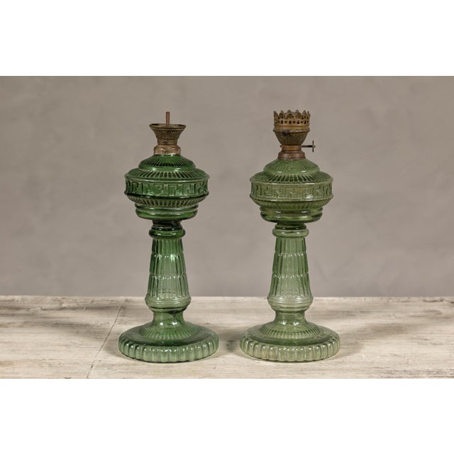 Green Glass Gas Lights with Meander Friezes, a Vintage Near Pair For Sale - Image 4 of 12