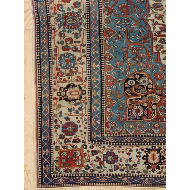 Antique Persian Mohtasham Kashan Carpet, Ivory ground, Ivory Border, Blue, Green For Sale - Image 16 of 18