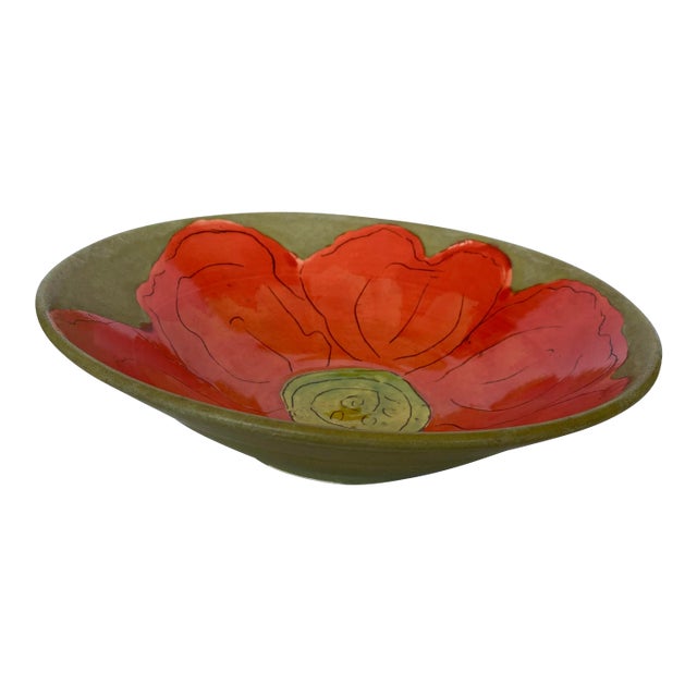 Vintage Folk Art Flower Design Serving Bowl For Sale