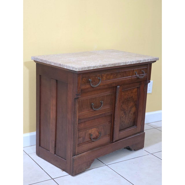 Antique Eastlake Victorian Burl Walnut Taupe Marble Top Washstand c1890s Antique Eastlake Victorian washstand, circa...