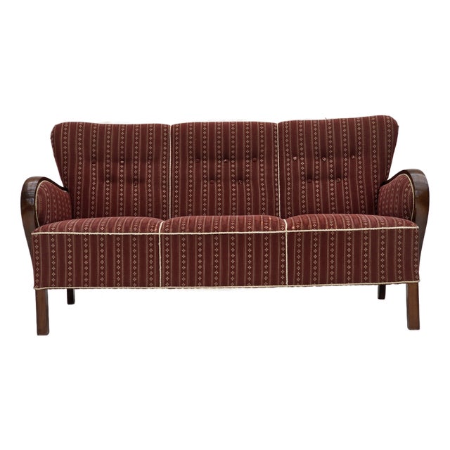 Danish 3-Seater Sofa in Red Wool and Beech, 1960s For Sale