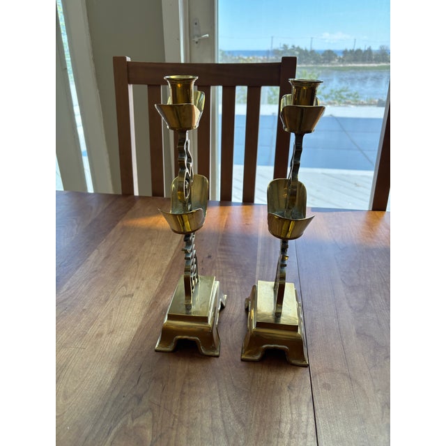 Asian Pair of Vintage Brass Candleholders-Asian For Sale - Image 3 of 8