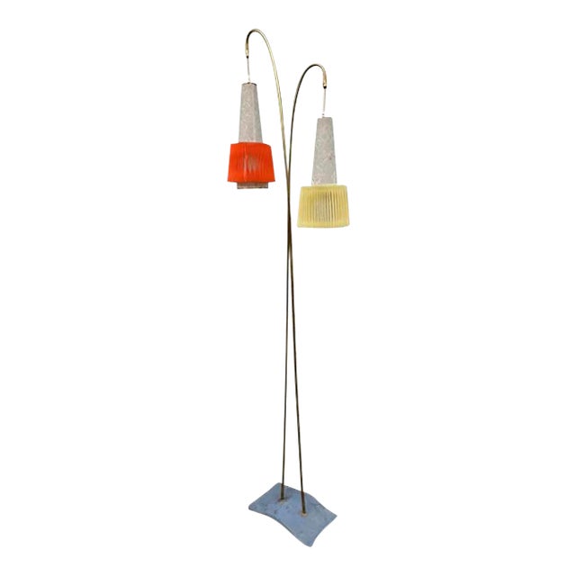 Mid-Century Brass Floor Lamp with Pleated Shades, 1950s For Sale