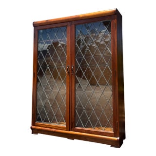Vintage Illuminated Diamond Pane Curio Cabinet / Glass Display Bookcase For Sale