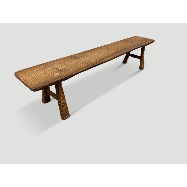 Andrianna Shamaris Impressive Minimalist Carved Teak Wood Bench For Sale - Image 4 of 6