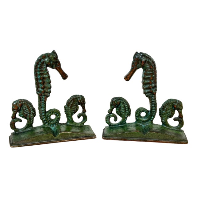 Arts & Crafts Bronze Seahorse Bookends, Attributed to E.T. Hurley, c.1920 For Sale
