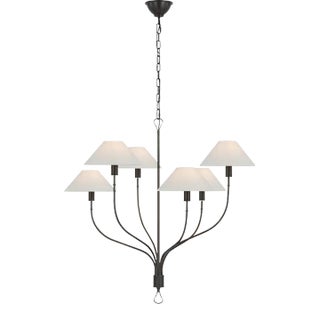 Amber Lewis for Visual Comfort Signature Griffin Large Staggered Tail Chandelier in Bronze and Chocolate Leather with Linen Shades For Sale