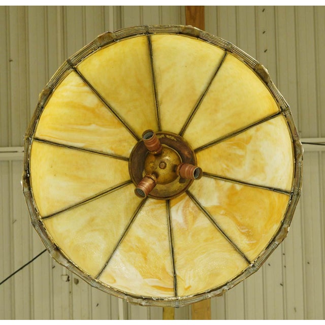 Vintage Tan Slag Stained Glass Pendant Light With Brass Accents For Sale - Image 6 of 10