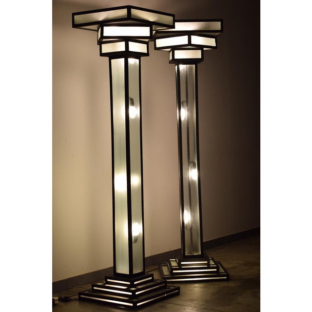 Large Art Deco Floor Lamps Hotel Hammered Iron and Glass, France, 1930s, Set of 2 For Sale - Image 9 of 18