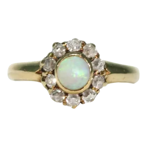 Late 19th Century Victorian Opal Diamond Cluster Ring Halo 18k Gold Size 4.5