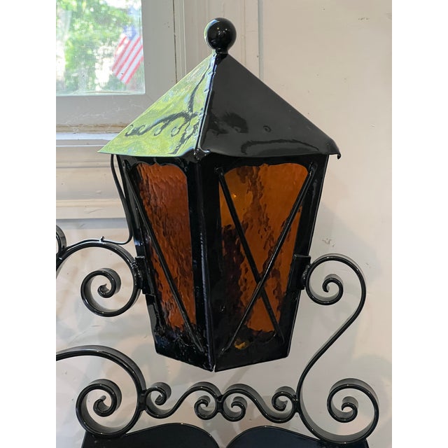 American Heavy Antique Oudoor Wall Mounted Light Fixture With Glass Panels and Sign For Sale - Image 3 of 8