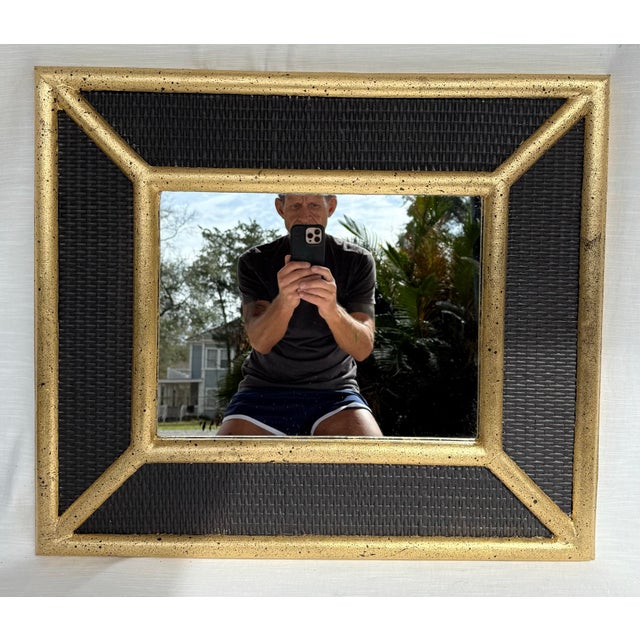 Karl Springer Vintage Mid-Century Customized Black Hand Gilt Wicker and Rattan Wall Mirror in the Style of Karl Springer For Sale - Image 4 of 9