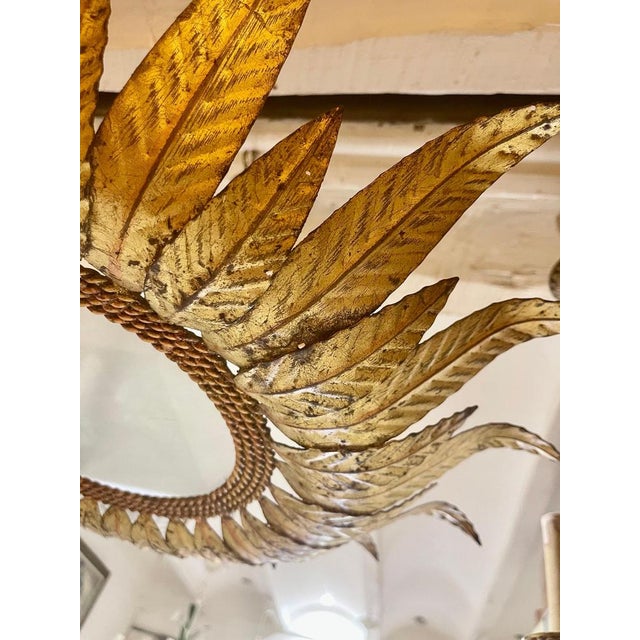 Large Spanish Sunburst Flush Mount in Gilt Metal with Support, 1950 For Sale - Image 10 of 12