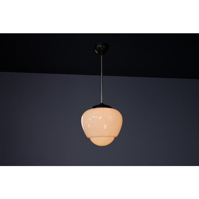 Glass Bauhaus Opaline and Bakelite Pendant Lamp, Czech Republic, 1950s For Sale - Image 7 of 9