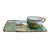 Vintage English Majolica tea and biscuit serving tray with cup. Depicts an English country cottage scene in relief on tray...