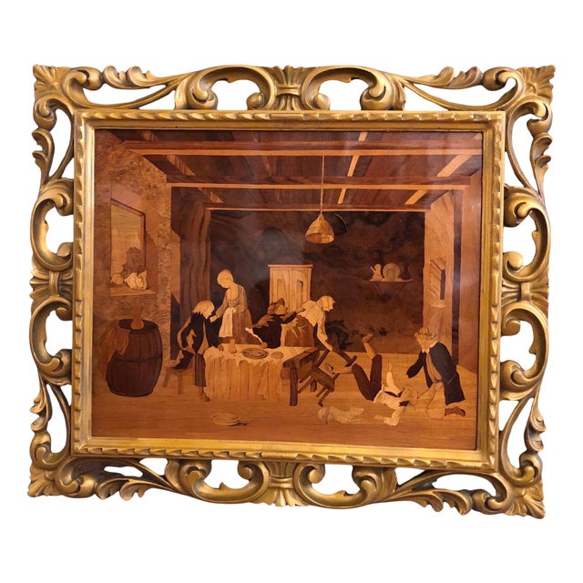 Italian Inlaid Wooden Panel Depicting an Interior Scene, 20th Century For Sale