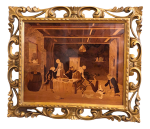 Italian Inlaid Wooden Panel Depicting an Interior Scene, 20th Century