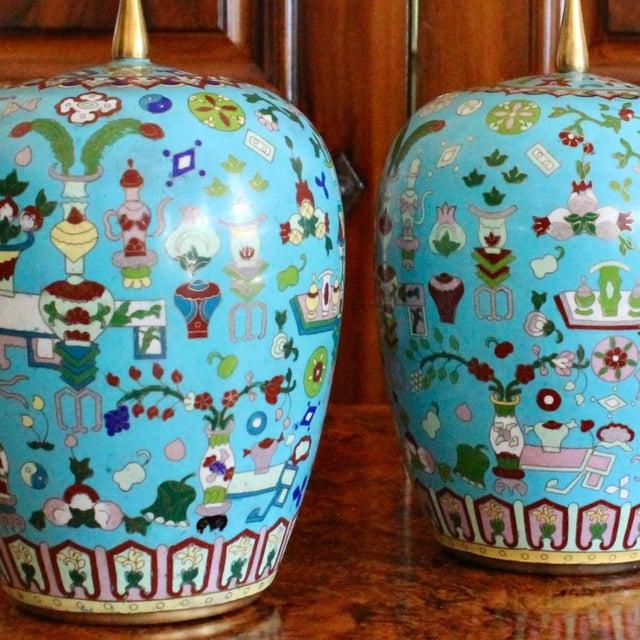 Chinese Pair Chinese Export Turquoise Cloisonneé Lidded Jars For Sale - Image 3 of 14