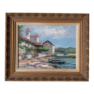 1980s Vintage Impressionist Mediterranean Seaside Village Landscape Oil Painting For Sale