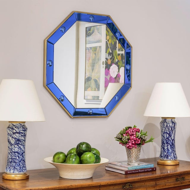 Traditional Bunny Williams for Mirror Home Octagonal Mirror, Blue Mirror & Polished Brass For Sale - Image 3 of 3
