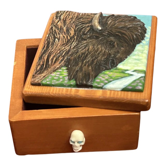 Ooak, Carved,Wood, Buffalo Box/Skull Turquoise For Sale