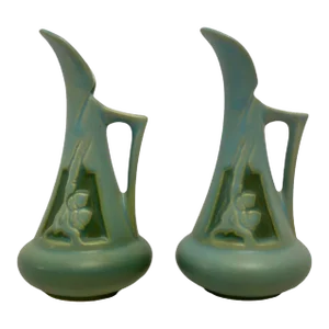 Mid Century Roseville Pottery Aqua #716-6 Ewer Pitcher Vases- Set of 2