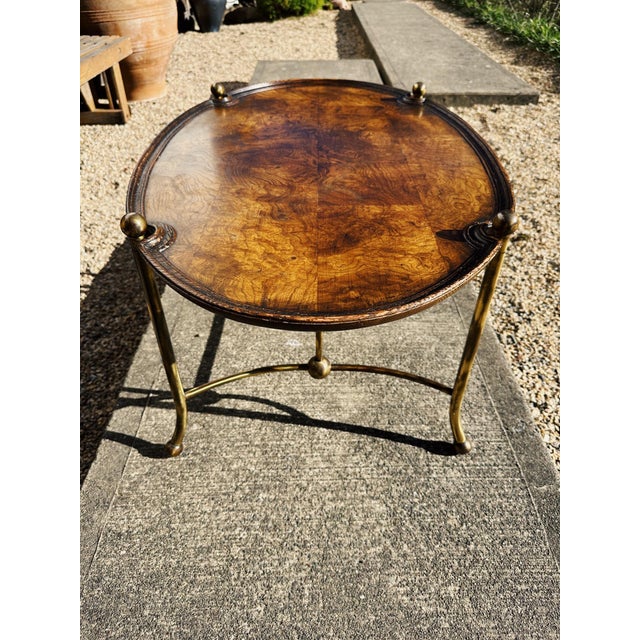 Wood Late 20th Century Patch Burl Wood Top + Brass Base Oval Coffee Table For Sale - Image 7 of 13