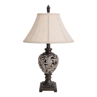 Vintage Transitional Pierced Acanthus Urn Table Lamp With Natural Linen Shade For Sale