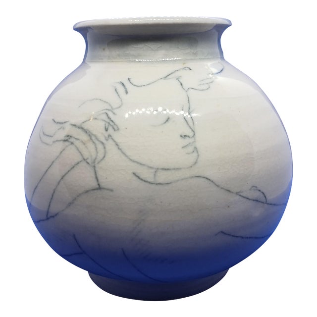 Blue and White Nude Untitled Ceramic Vase For Sale