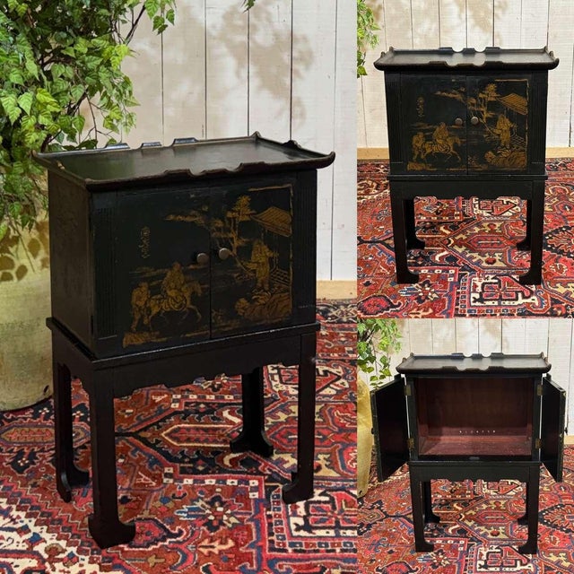 Small painted fir sideboard with Asian decor, made in the 1950s - W=58cm, H=80cm, D=35cm.