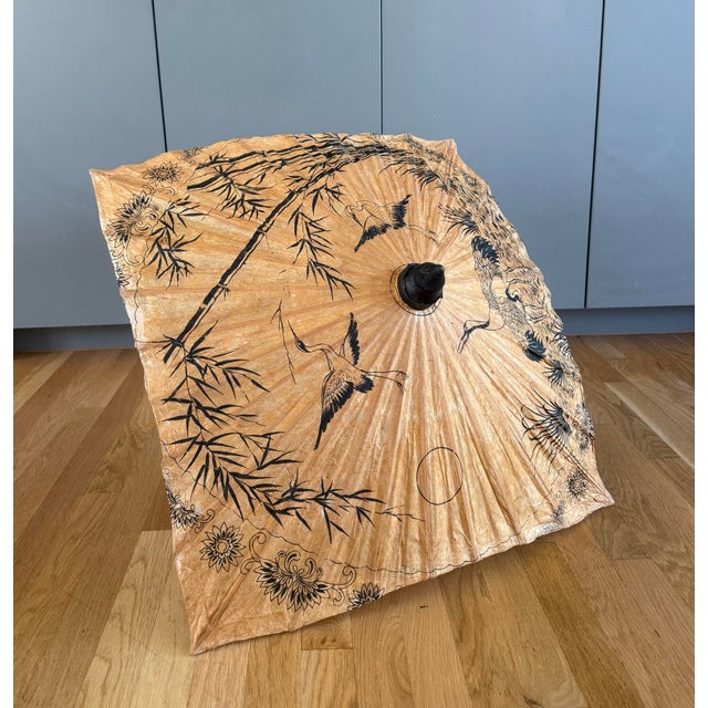 Japanese Vintage Japanese Hand Painted Bamboo and Paper Parasol For Sale - Image 3 of 12