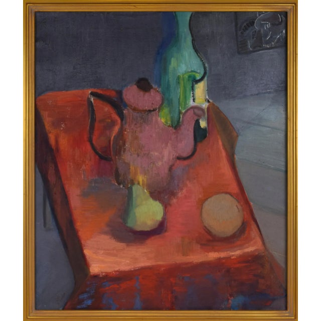 Vintage, expressionist still life painting with a coffee/tea pot, fruit, and a wind bottle on a table draped with a red...