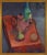 Vintage, expressionist still life painting with a coffee/tea pot, fruit, and a wind bottle on a table draped with a red...