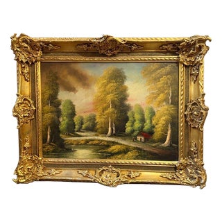 Unknown, Scenic Forest & Lakeside Landscape, Oil on Canvas, Framed For Sale