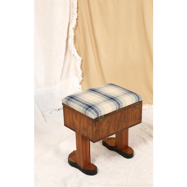 1970s Vintage "Foot" Stool With Blue Plaid Top - Handmade Stool For Sale - Image 5 of 15